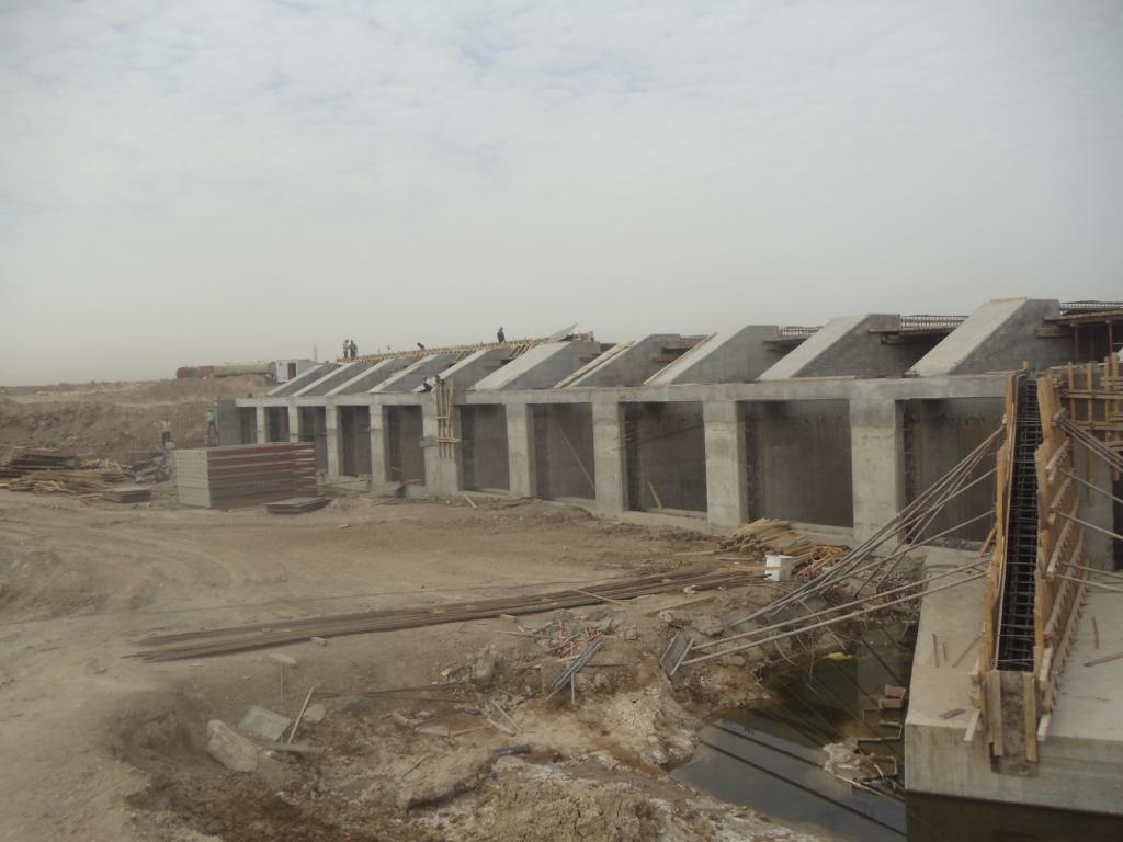 Hydraulic gate structures under construction in the Hor Al-Hammar marshlands near Al-Jibayish