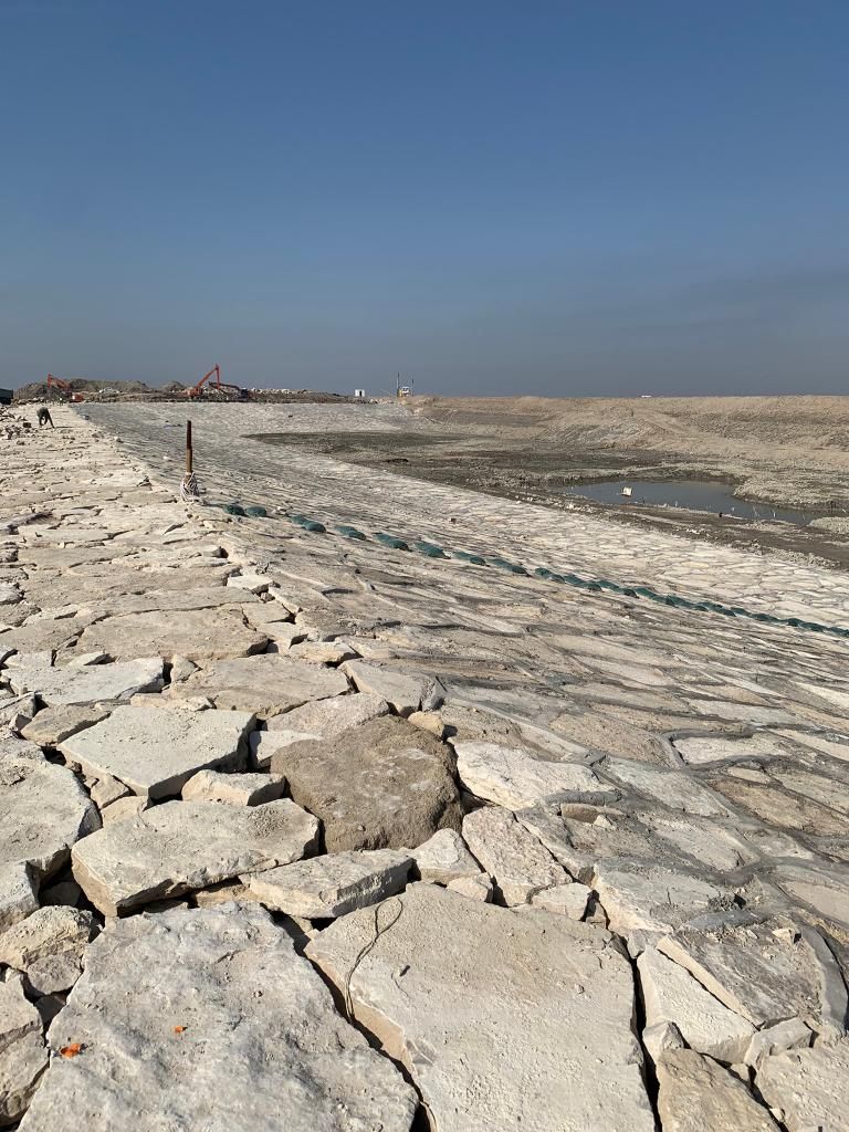 Stone rip-rap water-intake channel works at the Main Outfall Drainage (MOD) Water Treatment Plant
